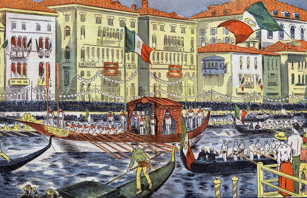 Firande i Venedig till ära av prinsen och prinsessan av Piemonte, teckning av Damblans från papper "Le Pelerin" 25 september av Eugene Damblans