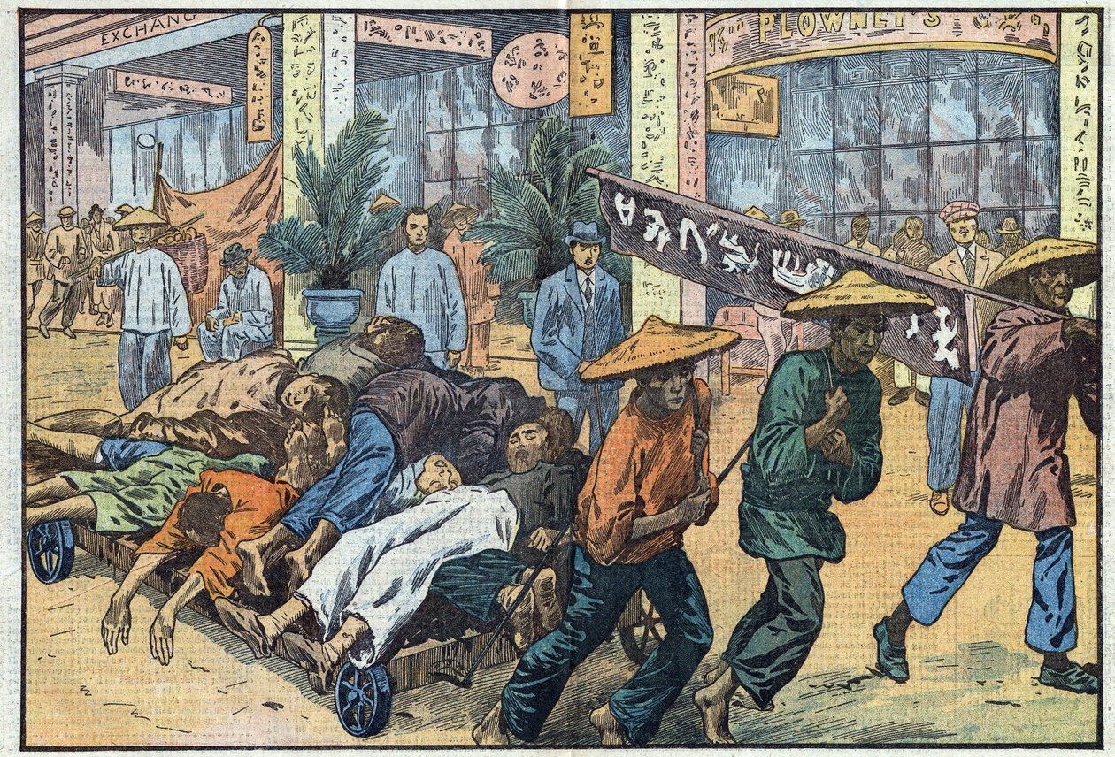 Inbördeskrig mellan nationalister och kommunister i Kina: efter de kommunistiska oroligheterna i Kanton läggs offrens lik på vagnar. Illustration av Damblans. I "" Le Pelerin"" den 4 mars av Eugene Damblans
