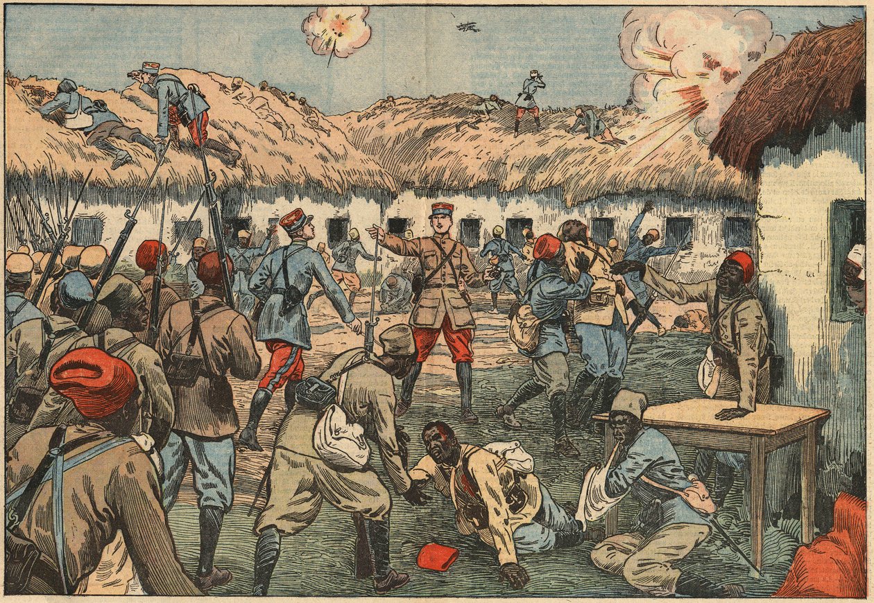 Kolonialtrupper låste upp Aoulay (Aoulai)-posten i Marocko under kapten Duboin. Illustration av Damblans. I "" Le Pelerin"" den 7 juni av Eugene Damblans