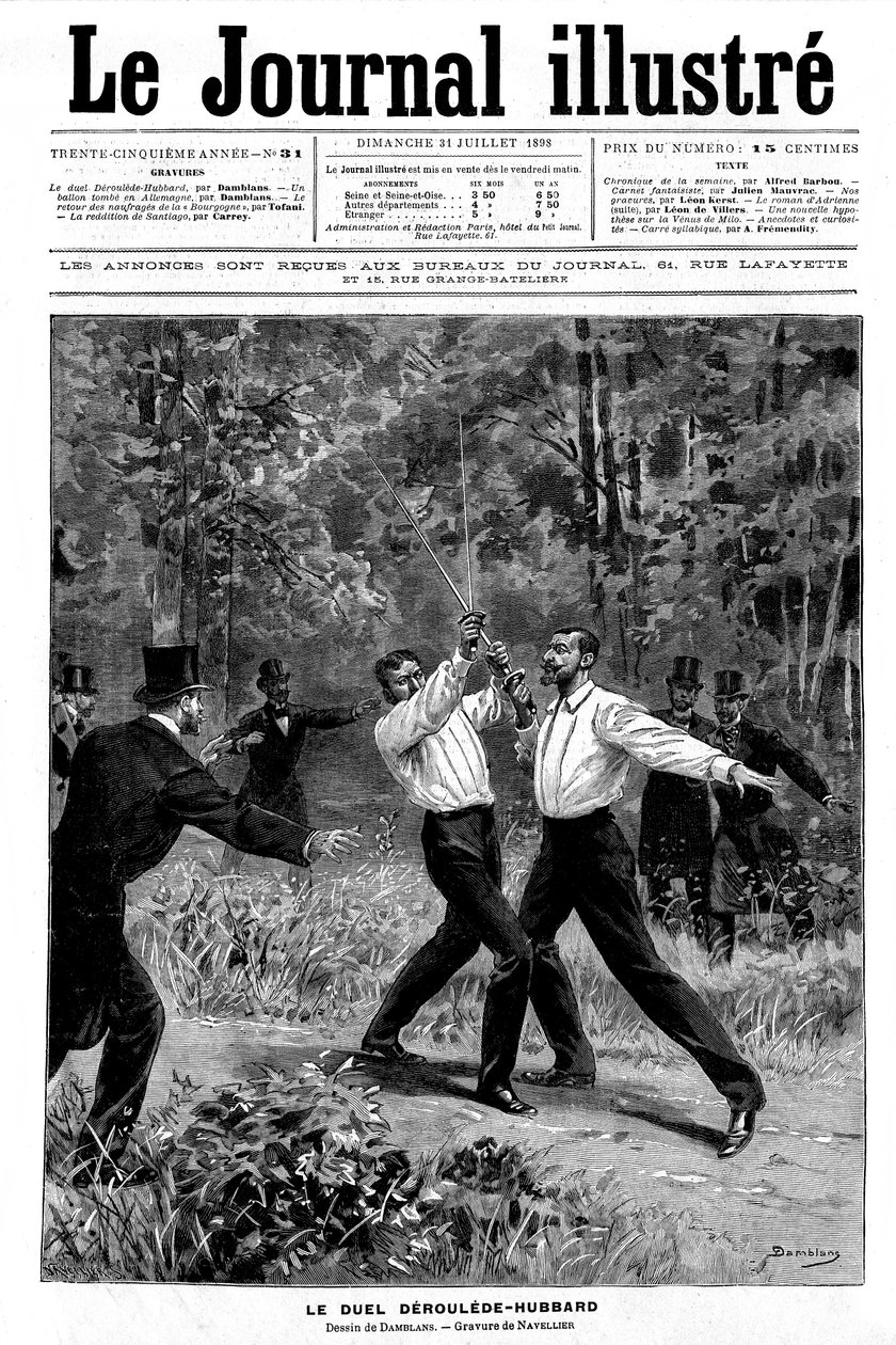 Gravering av Damblans på "en" i Journal Illustrous N¡ 31 av 31 juli 1898: duell vid svärdet mellan Paul Deroulede (1846-1914) och Gustave Hubbard (1858-1927) - vittnena ingrep - av Eugene Damblans