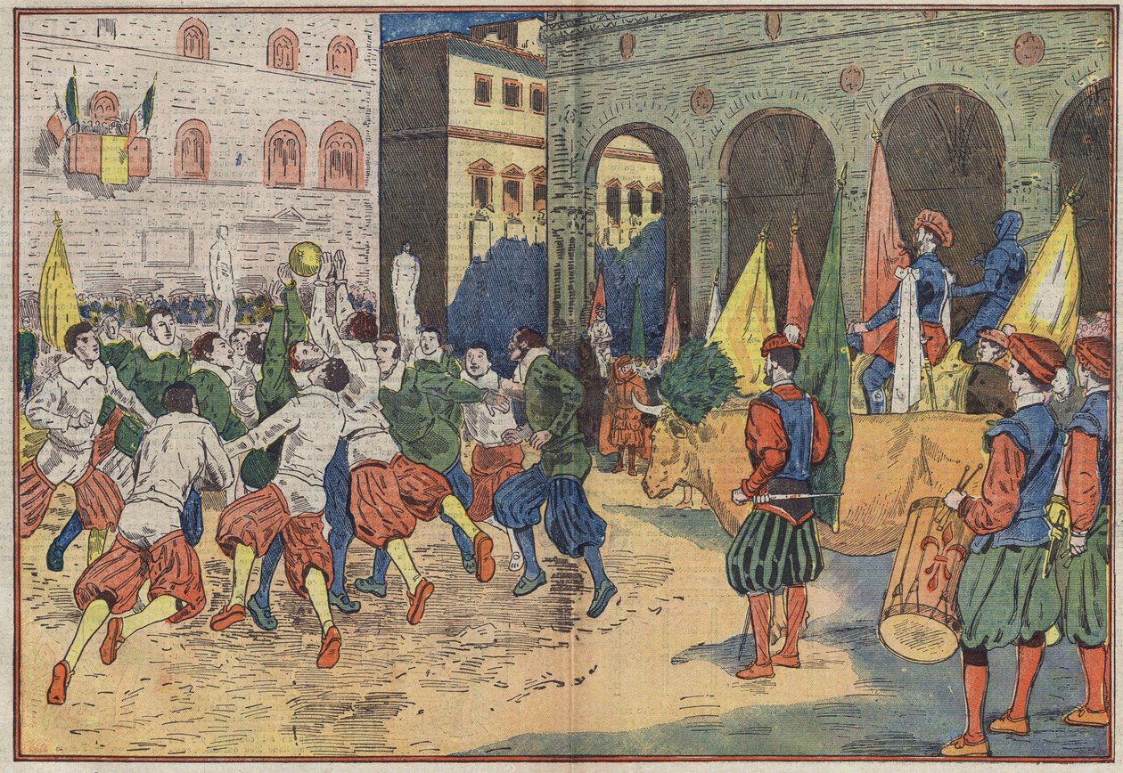 Florens, Italien: på Place de la Seigneurie, en del av "calcio", fotboll från 1400-talet, rekonstruerades i en tidstypisk kostym. En biff bjöds på det vinnande laget. Illustration av Damblans. I "" Le Pelerin"" den 8 juni av Eugene Damblans
