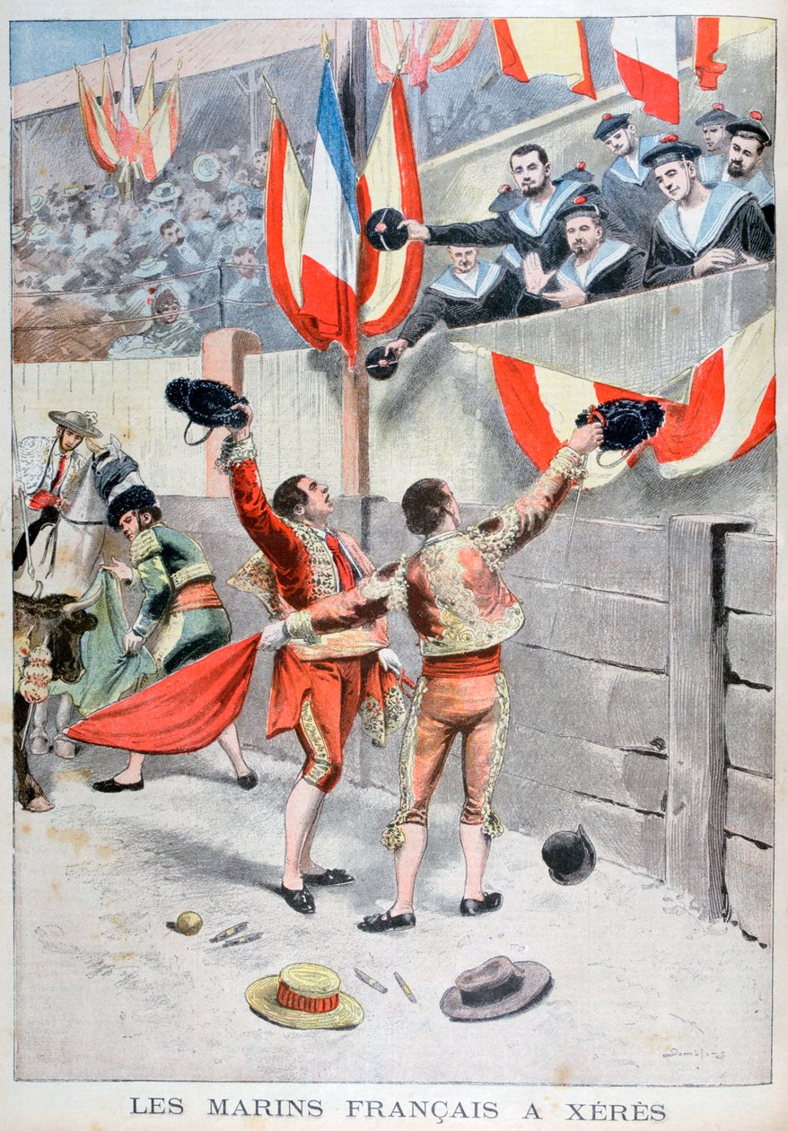 Franska sjömän tittar på ett tjurfäktning, Xeres, Spanien, 1899 av Eugene Damblans