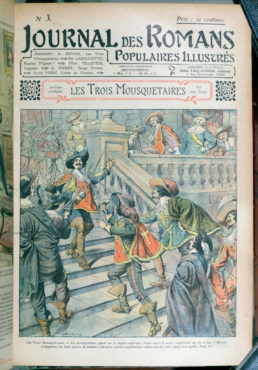 Framsidan av en serialisering av De tre musketörerna av Alexandre Dumas pere (1803-70) från Journal des Romans Populaires Illustres, 1905 av Eugene Damblans