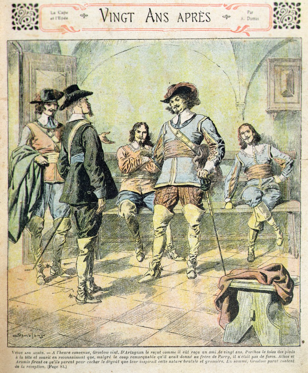 Framsidan av en serieutgåva av "Vingt Ans Apres" av Alexandre Dumas pere (1803-70) från "Journal des Romans Populaires Illustres", ca 1900 (litografi i färg). av Eugene Damblans