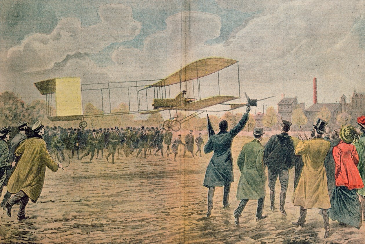 Henri Farman (1874-1958) vid Issy-les-Moulineaux i sitt plan Voisin-Farman 1, illustration från 