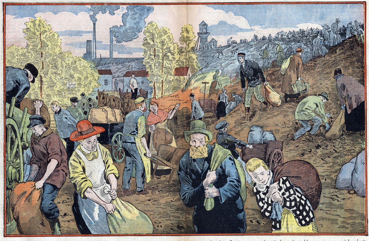 Jägare söker efter kolbitar bland stenarna som utvinns från gruvorna för att värma sig under vintern. Rhur-regionen, Tyskland. Illustration av Damblans. I "" Le Pelerin"" den 4 oktober av Eugene Damblans