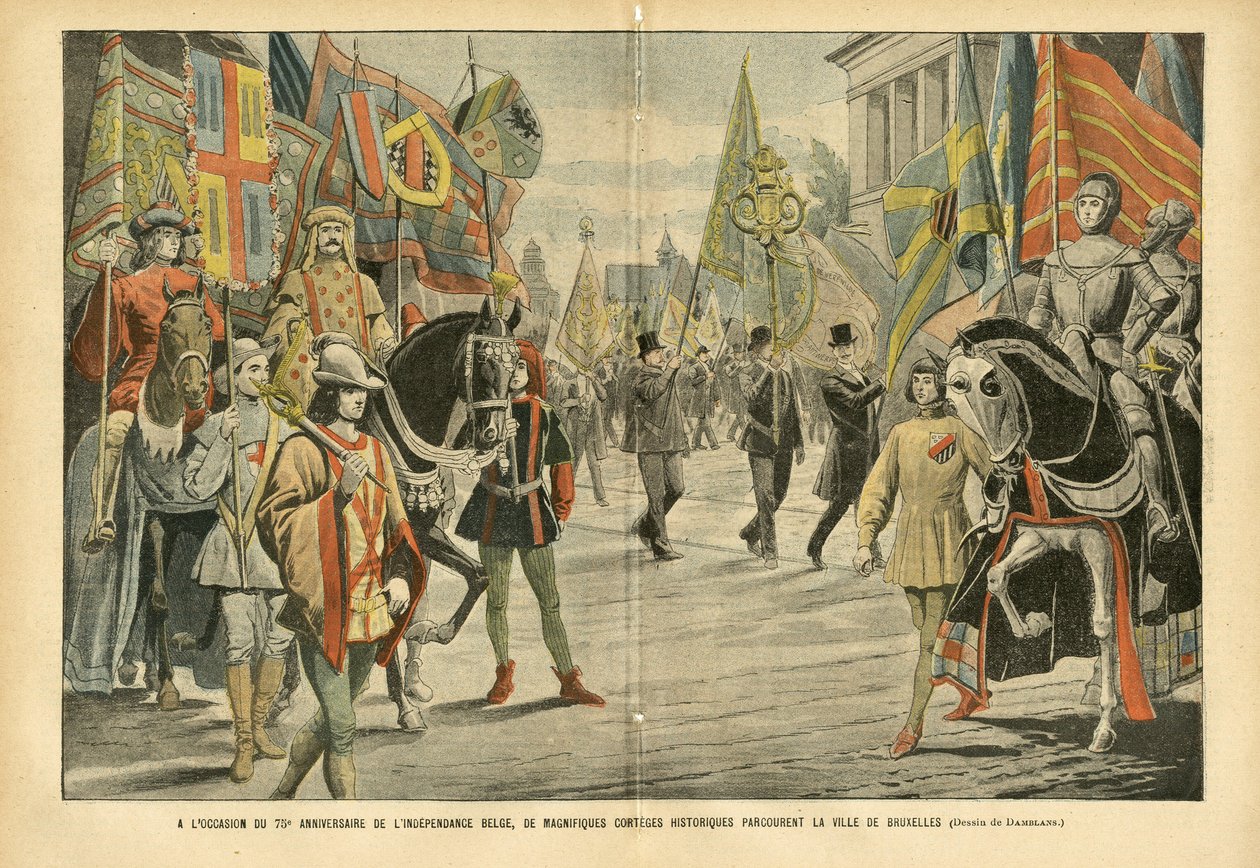 Illustration av Eugene Damblans (1865-1945) i Le Pelerin, 06/08/05 - Med anledning av 70-årsdagen av Belgiens självständighet reser magnifika historiska kortege genom staden Bryssel - Belgien, Historia, Flaggor, Bryssel, Commemoratio av Eugene Damblans