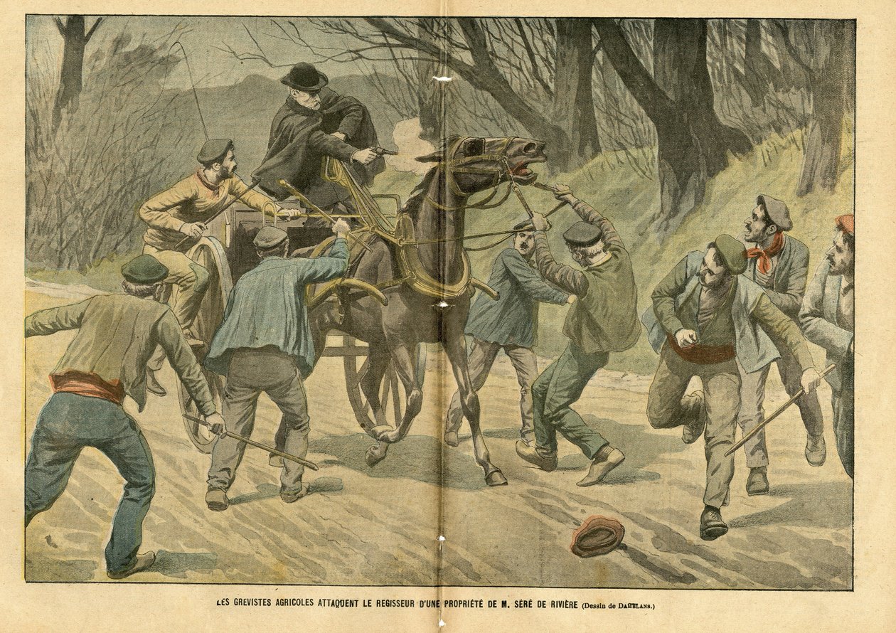 Illustration av Eugene Damblans (1865-1945) i Le Pelerin, 31/01/04 - Jordbruksgrevister attackerar registratorn av en fastighet tillhörande M. Sere de Riviere - Socialt, Olika fakta, Greve, Transport, Jordbruk, Skog, Caleche Fiacre Cab - Arbetare, Hästhäst av Eugene Damblans