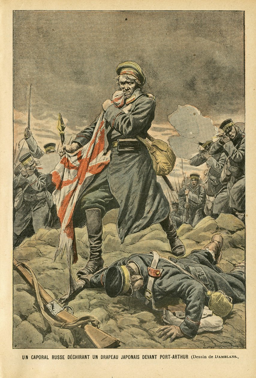 Illustration av Eugene Damblans (1865-1945) i Le Pelerin, 01/01/05 - En rysk korpral som river en japansk flagga framför Port Arthur - Ryssland, Japan, Port Arthur, rysk-japanska kriget, strider, gevär - soldater, Korpral av Eugene Damblans