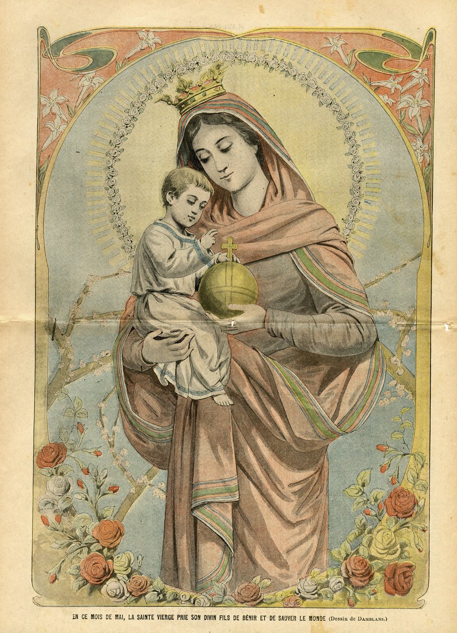 Illustration av Eugene Damblans (1865-1945) i Le Pelerin, 01/05/04 - I denna maj månad ber den heliga jungfrun sin gudomliga son att välsigna och rädda världen - Religion Tro, Blommor, Katolsk Katolicism - Jesus, Maria av Eugene Damblans