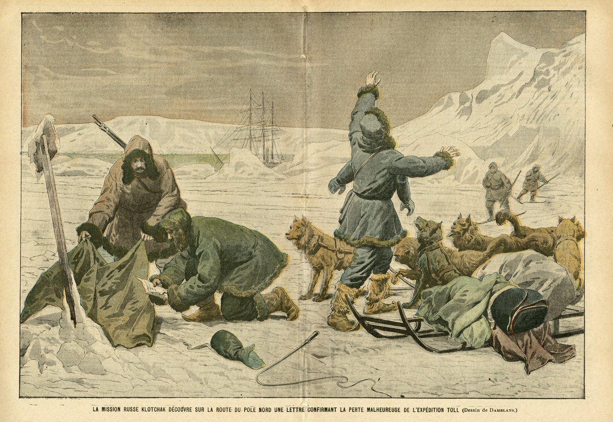 Illustration av Eugene Damblans (1865-1945) i Le Pelerin, 02/04/05 - Det ryska uppdraget Klotchak upptäcker på nordpolsvägen ett brev som bekräftar den olyckliga förlusten av expeditionen Toll - North and South Polar, Polar Expeditions, Ice, Släde Trai av Eugene Damblans