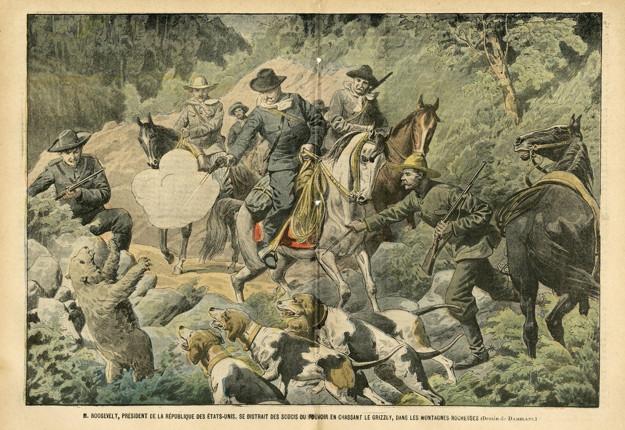 Illustration av Eugene Damblans (1865-1945) i Le Pelerin, 02/07/05 - Roosevelt, USA:s president, distraherad från maktens oro genom att jaga grizzlybjörnar i de klippiga bergen - Amerika USA, Jaga USA, Klippiga bergen - Hund, björn, av Eugene Damblans