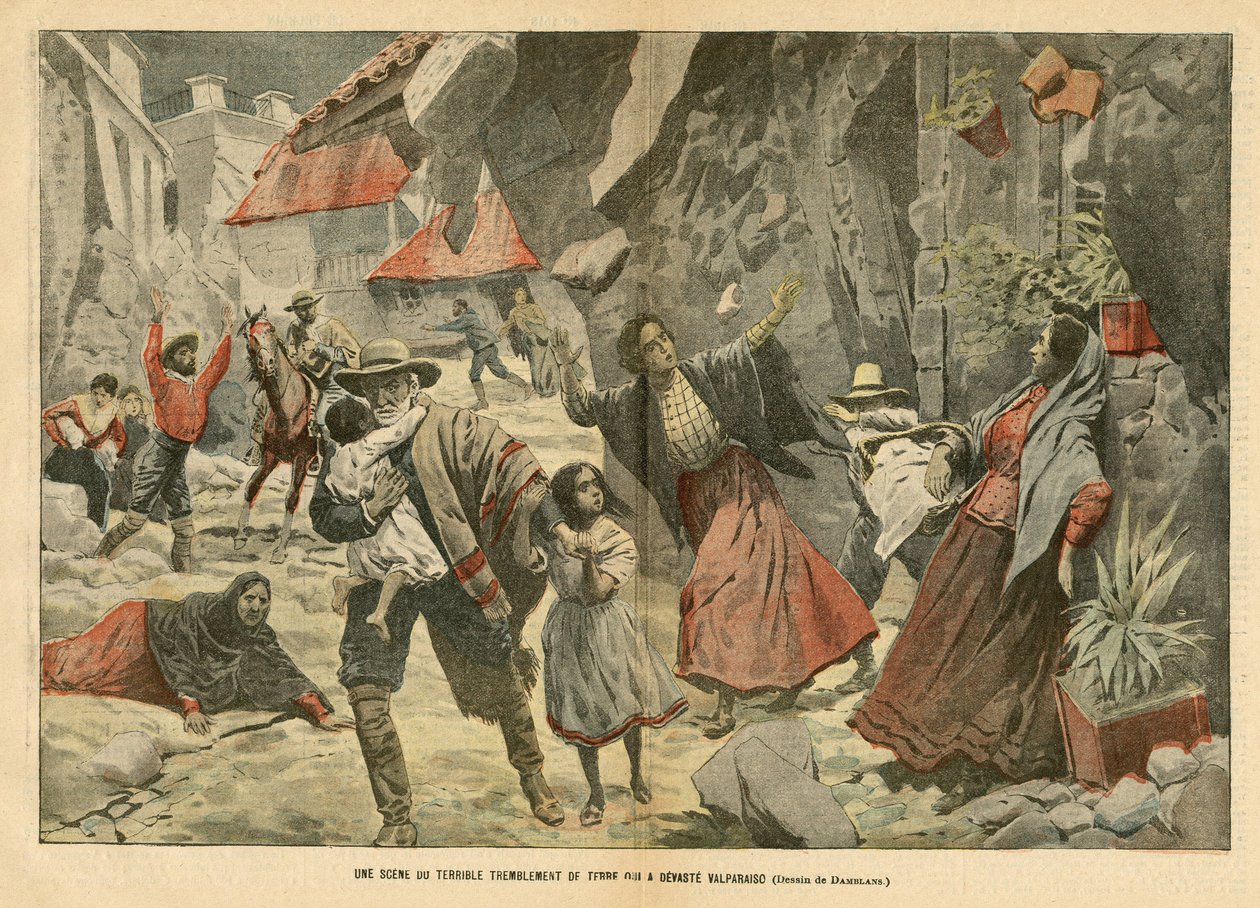 Illustration av Eugene Damblans (1865-1945) i Le Pelerin, 02/09/06 - En scen av den fruktansvärda jordbävningen - Diverse fakta, Latinamerika, Jordbävning, Chile, Valpariso av Eugene Damblans