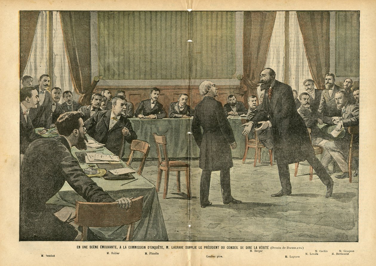 Illustration av Eugene Damblans (1865-1945) i Le Pelerin, 03/07/04 - I en gripande scen, vid undersökningskommissionen, bad M. Lagrave rådets ordförande att berätta sanningen - Religion Tro, undersökningskommissionen , katolsk katolicism - miljon av Eugene Damblans