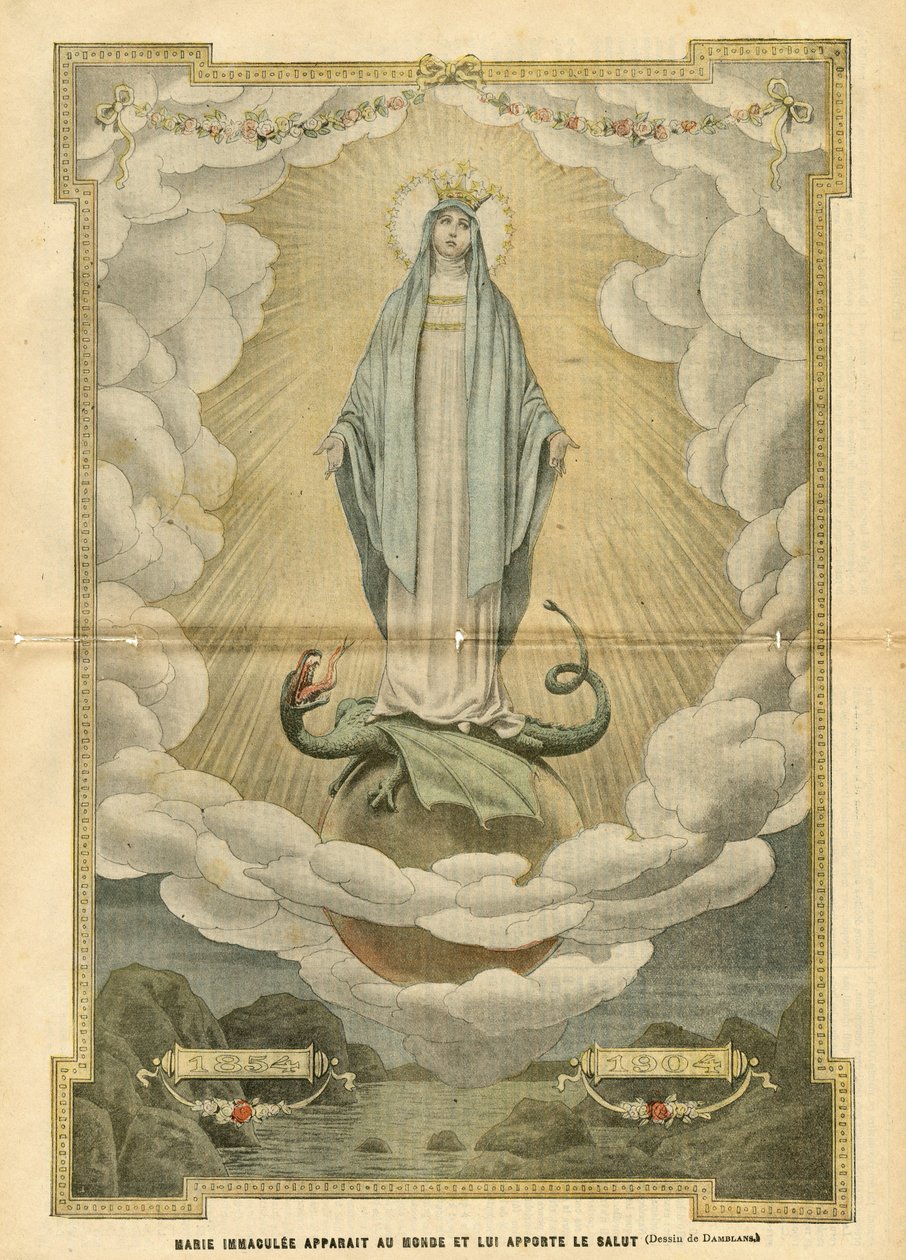Illustration av Eugene Damblans (1865-1945) i Le Pelerin, 04/12/04 - Maria immaculee visar sig för världen och ger räddning till den - Religion Tro, katolsk katolicism - Obefläckad befruktning - Maria, drake - Moln - Jorden av Eugene Damblans