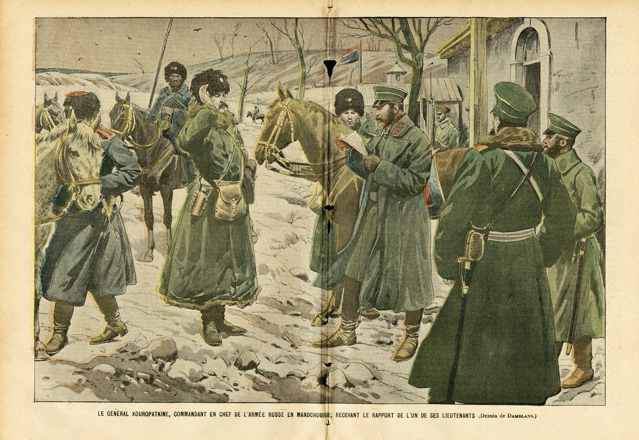 Illustration av Eugene Damblans (1865-1945) i Le Pelerin, 05/03/05 - General Kuropatkin, överbefälhavare för den ryska Armeen i Manchuriet, tar emot rapporten från en av hans löjtnanter - Ryssland, Armeen, Manchuriet, Ryssland -Japanska kriget, snö - Gener av Eugene Damblans