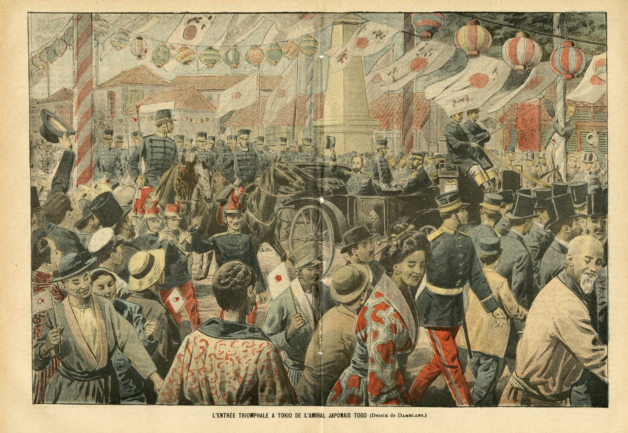 Illustration av Eugene Damblans (1865-1945) i Le Pelerin, 05/11/05 - Den japanska amiralen Togos triumferinfart till Tokio - Armee, Japan, Folkmassan, Tokyo - Amiralamiralerna, Togo Heihachiro (1848-1934), civila av Eugene Damblans