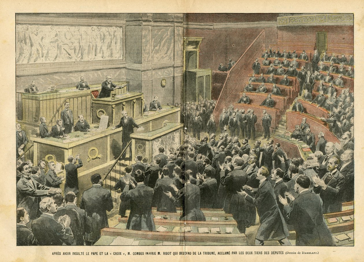 Illustration av Eugene Damblans (1865-1945) i Le Pelerin, 06/11/04 - Efter att ha förolämpat påven och korset, förolämpade M. Combes M. Ribot som steg ner från podiet, påhejad av två tredjedelar av deputerade - Chamber of Deputerade Hemicycle, Fighting, Ri av Eugene Damblans