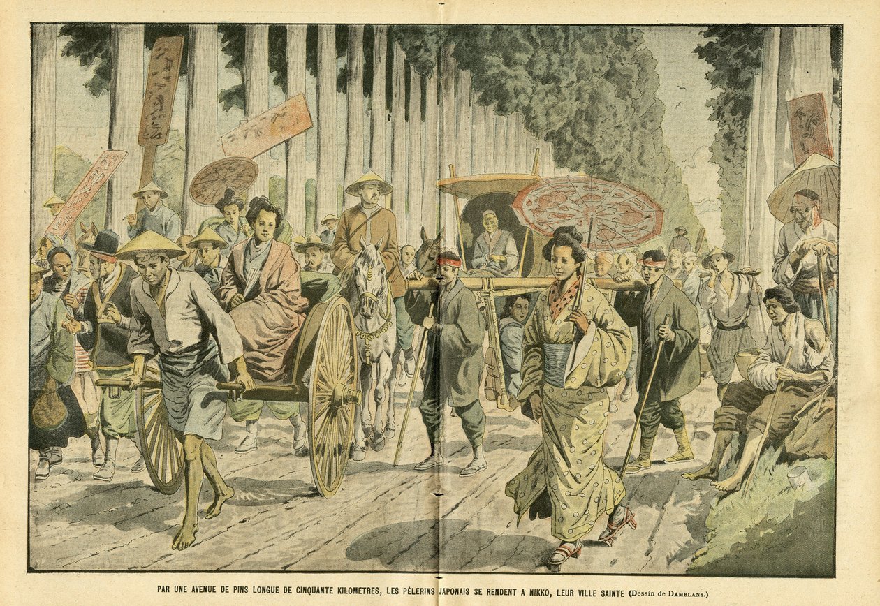 Illustration av Eugene Damblans (1865-1945) i Le Pelerin, 09/04/05 - Vid en femtio kilometer lång aveny i Pines åker japanska peleriner till Nikko, deras heliga stad - Religion Tro, Japan, Mode, Träd, Nikko - Pelerinagar av Eugene Damblans