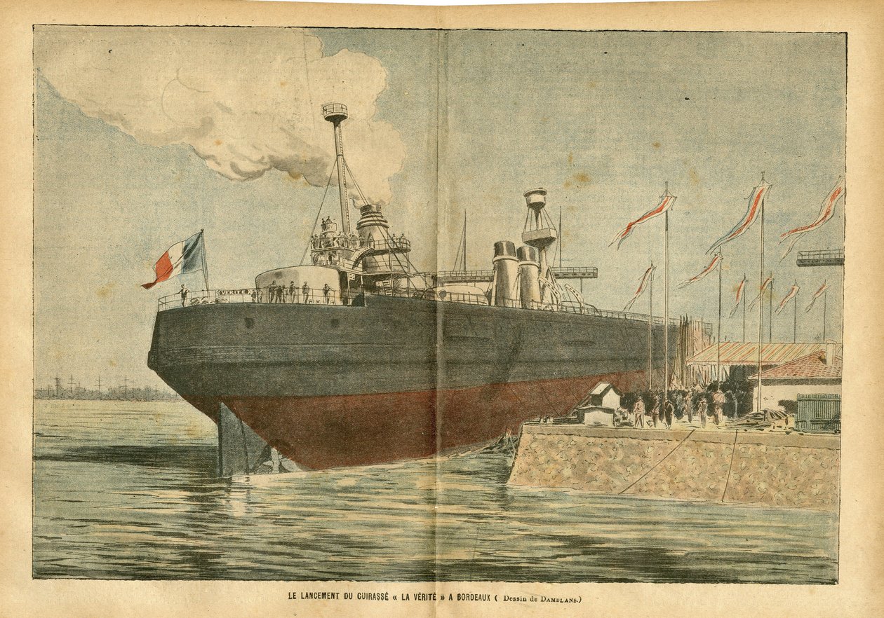 Illustration av Eugene Damblans (1865-1945) i Le Pelerin, 09/06/07 - Lanseringen av bröstplattan "" La Verite" i Bordeaux - Maritime Marine Nautique Balneaire, Port, Bordeaux, Invigning, Cuirasse av Eugene Damblans