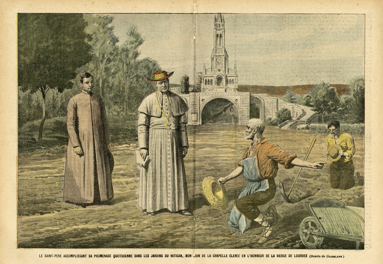 Illustration av Eugene Damblans (1865-1945) i Le Pelerin, 20/08/05 - Den Helige Fadern utför sin dagliga vandring i Vatikanens trädgårdar, inte långt från kapellet som restes för att hedra Jungfrun av Lourdes - Religion Tro, Jordbruk, Vatikanen, Katolik av Eugene Damblans