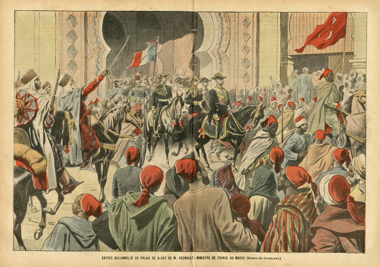 Illustration av Eugene Damblans (1865-1945) i Le Pelerin, 20/10/07 - Högtidlig ingång till Palais de Rabat av Mr. Regnault, Frankrikes minister i Marocko - Kolonisering Kolonialism Kolonier, Arkitektur Urbanisme, Marocko, Officiellt besök - Regnault Euge av Eugene Damblans