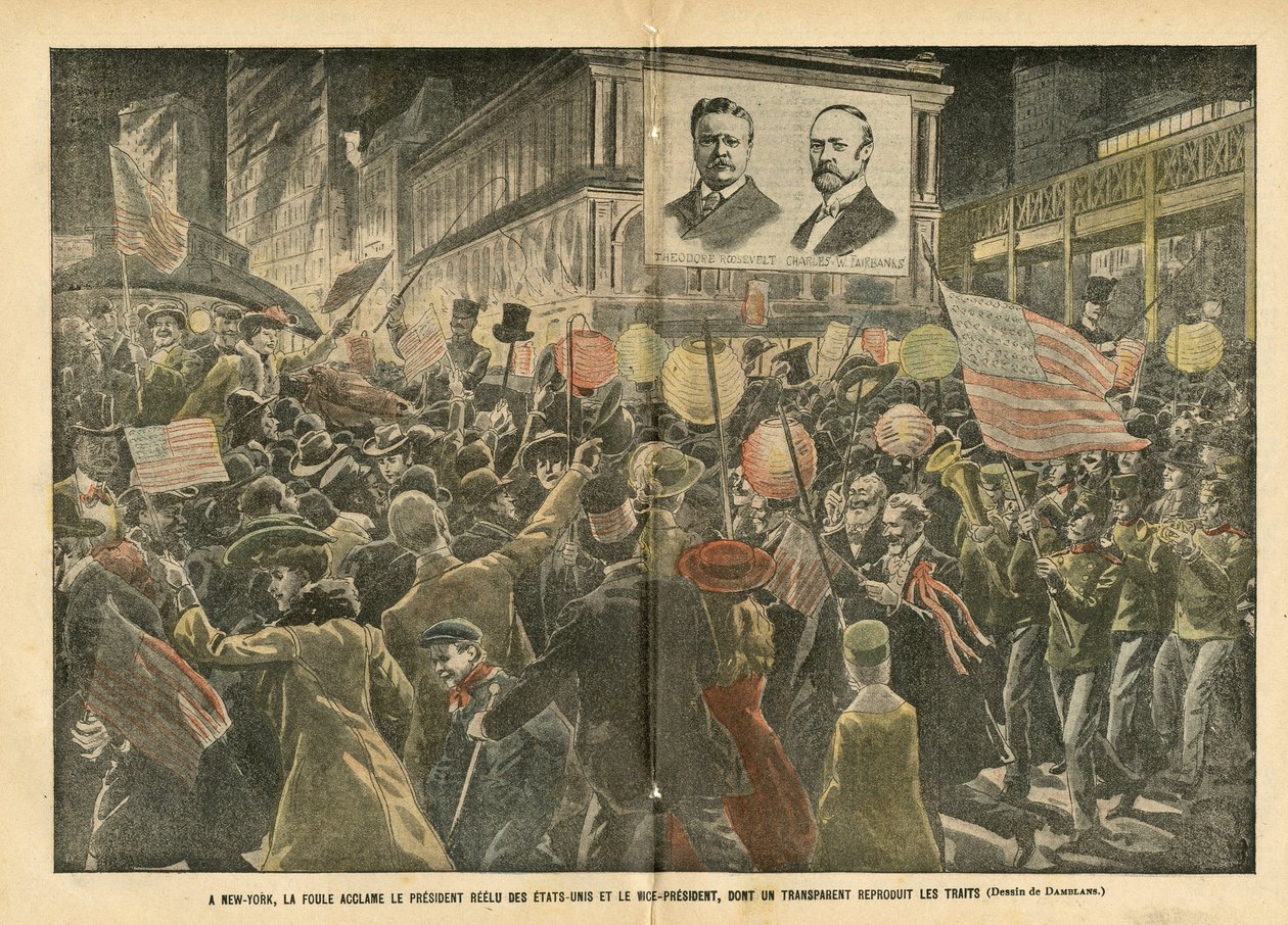 Illustration av Eugene Damblans (1865-1945) i Le Pelerin, 20/11/04 - I New York hejar folkmassan på USA:s omvalda president och vicepresidenten, vars transparenta återger funktionerna - Amerika USA, val, arkitektur Urbani av Eugene Damblans