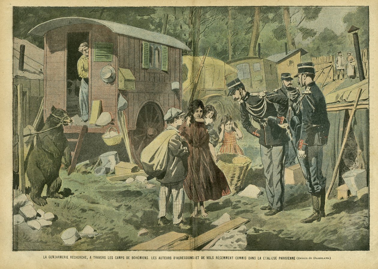 Illustration av Eugene Damblans (1865-1945) i Le Pelerin, 21/04/07 - Gendarmeriet söker, genom bohemernas läger, förövare av attacker och rån som nyligen begåtts i de parisiska förorterna - Olika fakta, Barndom, Polis, Misere, Insecu av Eugene Damblans
