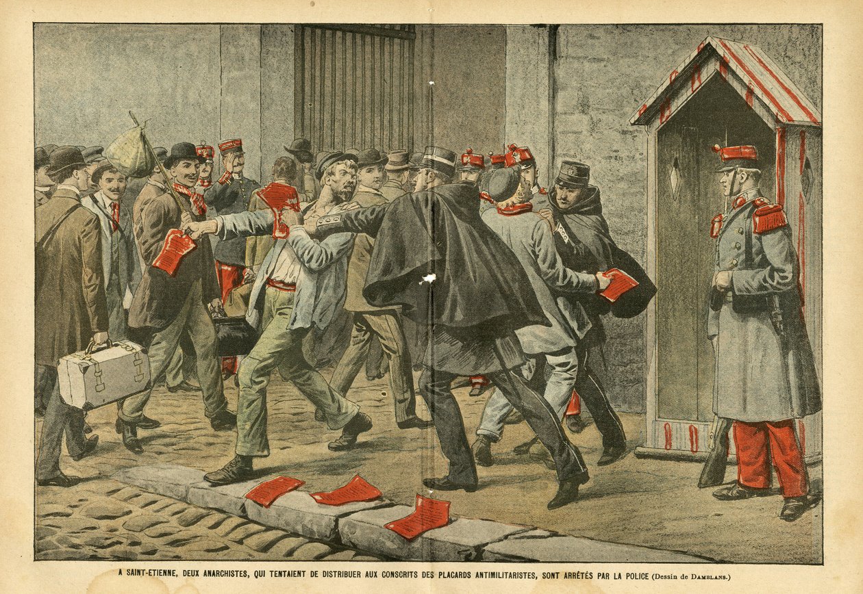 Illustration av Eugene Damblans (1865-1945) i Le Pelerin, 22/10/05 - I Saint-Etienne arresterades två anarkister som försökte dela ut antimilitaristiska garderober till värnpliktiga av polisen - Antimilitarism, Anarchist Anarchism, Armee, Polis, Saint- av Eugene Damblans