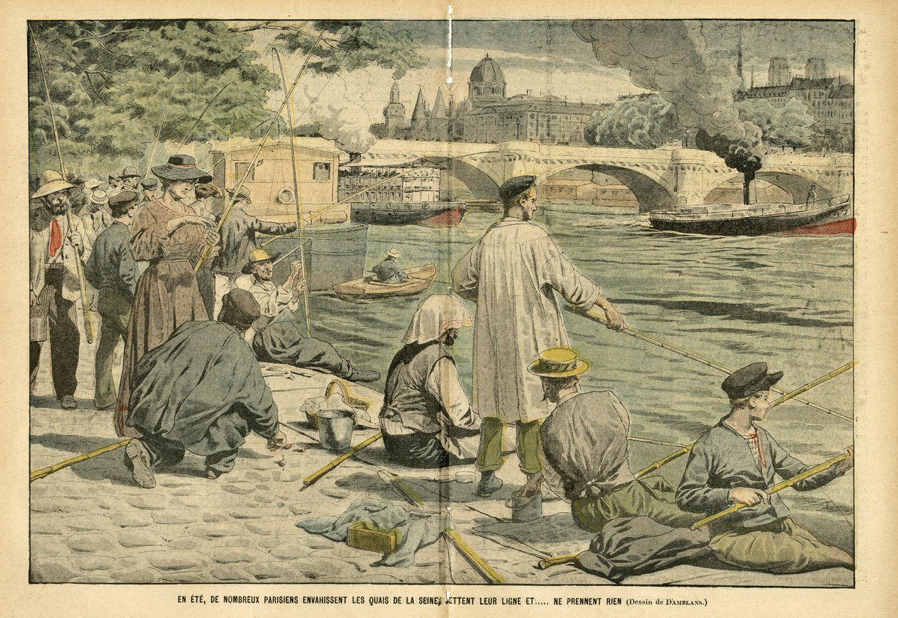 Illustration av Eugene Damblans (1865-1945) i Le Pelerin, 23/06/05 - På sommaren invaderar många parisare Seines strand och kastar sin lina och... tar ingenting - Loisirs, Paris, Fishing Pecher Pecheur, Pont , Seine (flod), Ete, Peniche, Canne en fisk av Eugene Damblans