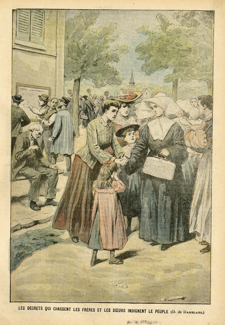 Illustration av Eugene Damblans (1865-1945) i Le Pelerin, 24/07/04 - Dekret som driver ut bröder och systrar gör folket indignera - Undervisning, Religion Tro, folkmassa, katolsk katolicism - Separation av kyrka och stat, Vräkningar av religiösa, Lär ut i av Eugene Damblans