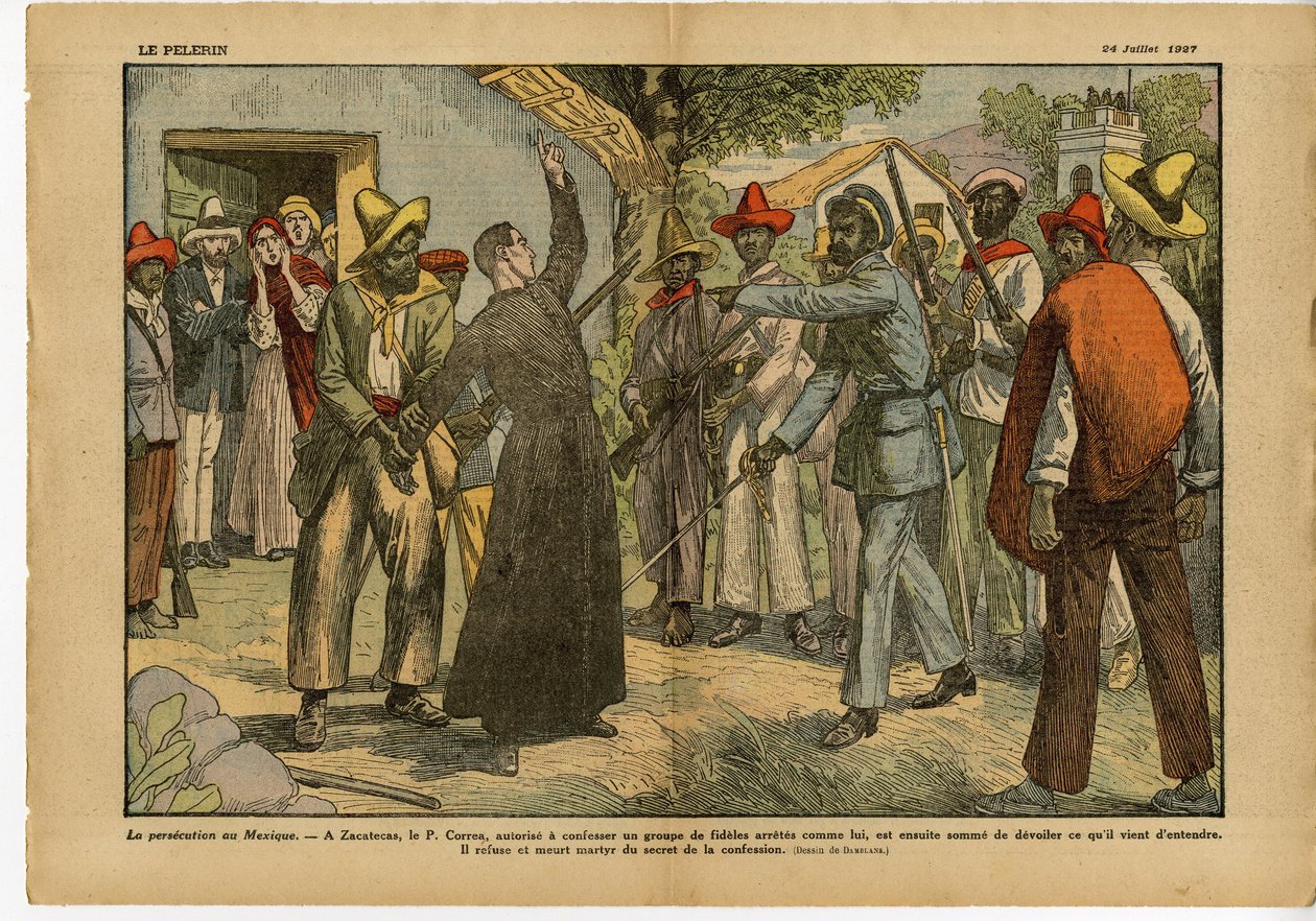 Illustration av Eugene Damblans (1865-1945) i Le Pelerin, 24/07/27 - Förföljelser i Mexiko - Religion Tro, Revolution, Mexiko, Katolsk katolicism - Bekännelse Bekännelse - Kurer av Eugene Damblans
