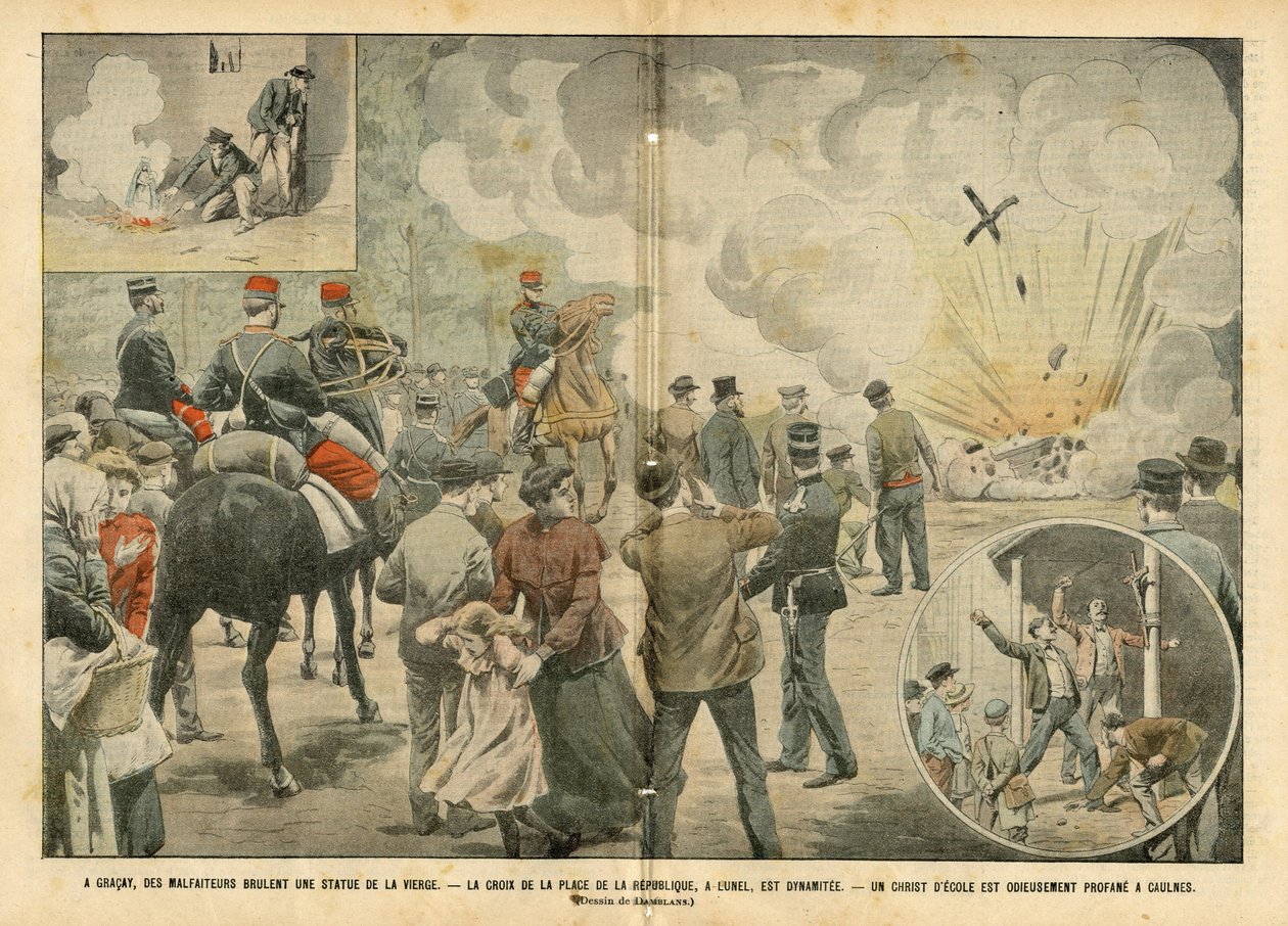Illustration av Eugene Damblans (1865-1945) i Le Pelerin, 25/09/04 - I Gracay bränner brottslingar en staty av jungfrun - Skorpan på Place de la Republique är dynamitisk en skolans Kristus är odödigt profan i Caulnes - Antiklerikalism, Religion Fait av Eugene Damblans