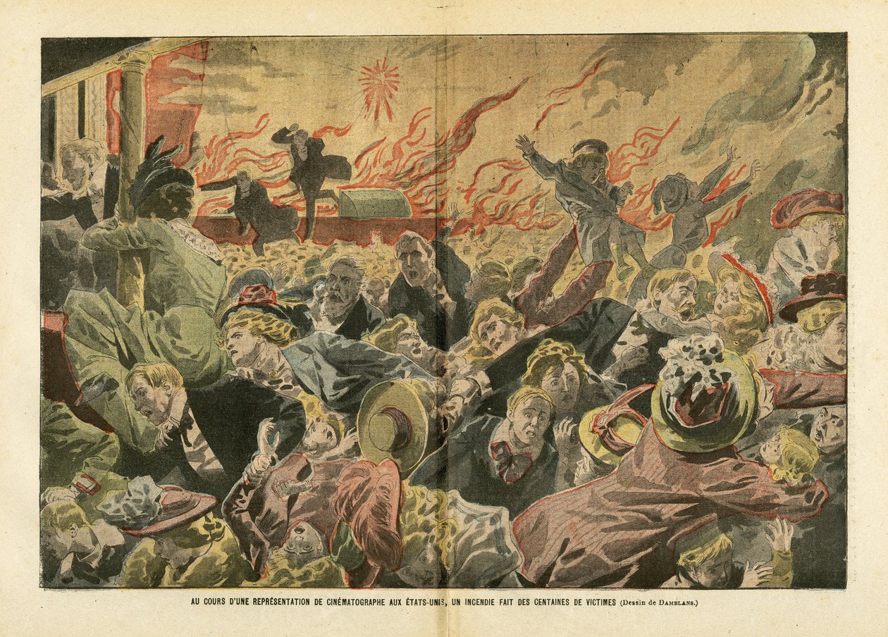 Illustration av Eugene Damblans (1865-1945) i Le Pelerin, 26/01/08 - Under en filmskapares framträdande i USA dödades hundratals offer i en brand - Amerika USA USA, Diverse fakta, Bio, Crowd, Brand av Eugene Damblans