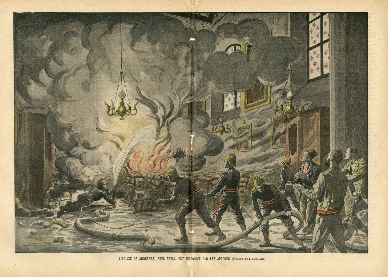 Illustration av Eugene Damblans (1865-1945) i Le Pelerin, 26/06/04 - Kyrkan i Suresnes, nära Paris, bränns av apacherna - Diverse fakta, Religion Tro, Osäker, Cathedrale Churches, Brand, Suresnes, katolsk katolicism - Apaches proxen av Eugene Damblans