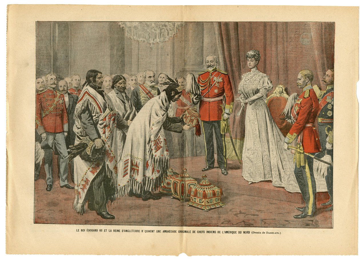 Illustration av Eugene Damblans (1865-1945) i Le Pelerin, 26/08/06 - kung Edward och drottning av England... - Amerika USA USA, England Storbritannien, officiellt besök - Edward VII (1841-1910), Victoria, indianer av indianer av Eugene Damblans