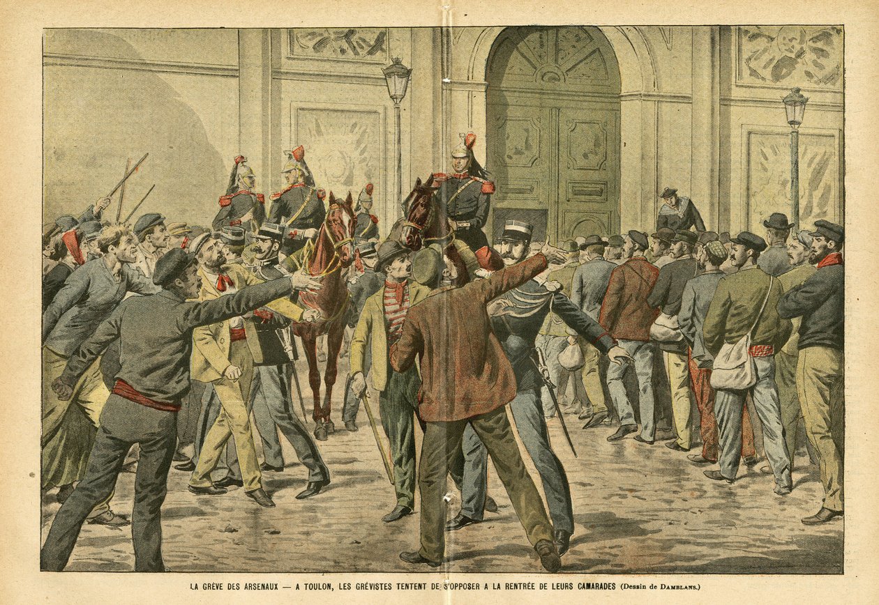 Illustration av Eugene Damblans (1865-1945) i Le Pelerin, 26/11/05 - Strejken av arsenalerna I Toulon försöker grevisterna motsätta sig hyran för sina kamrater - Social, Greve, Arkitektur Urbanism, Maritime Marine Nautical Balneaire, Toulon, Arsenal ar av Eugene Damblans