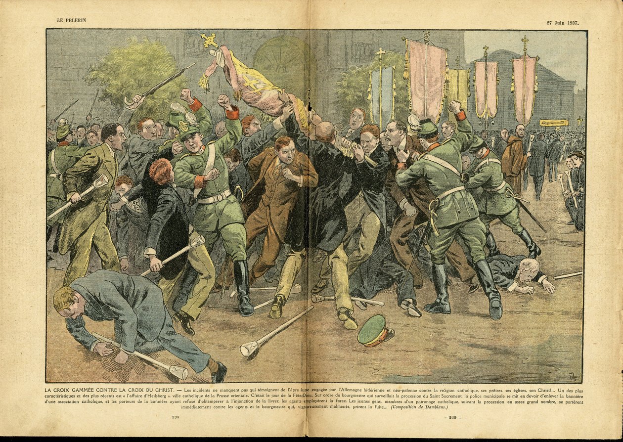 Illustration av Eugene Damblans (1865-1945) i Le Pelerin, 27/06/37 - Korset mot Kristi kors i Hitlertyskland - Tyskland Preussen, Religion Tro, Folkmassa, Slåss, Rättande, Gammee Cross, Christian Cross, Katolik Katolicism - Såld av Eugene Damblans