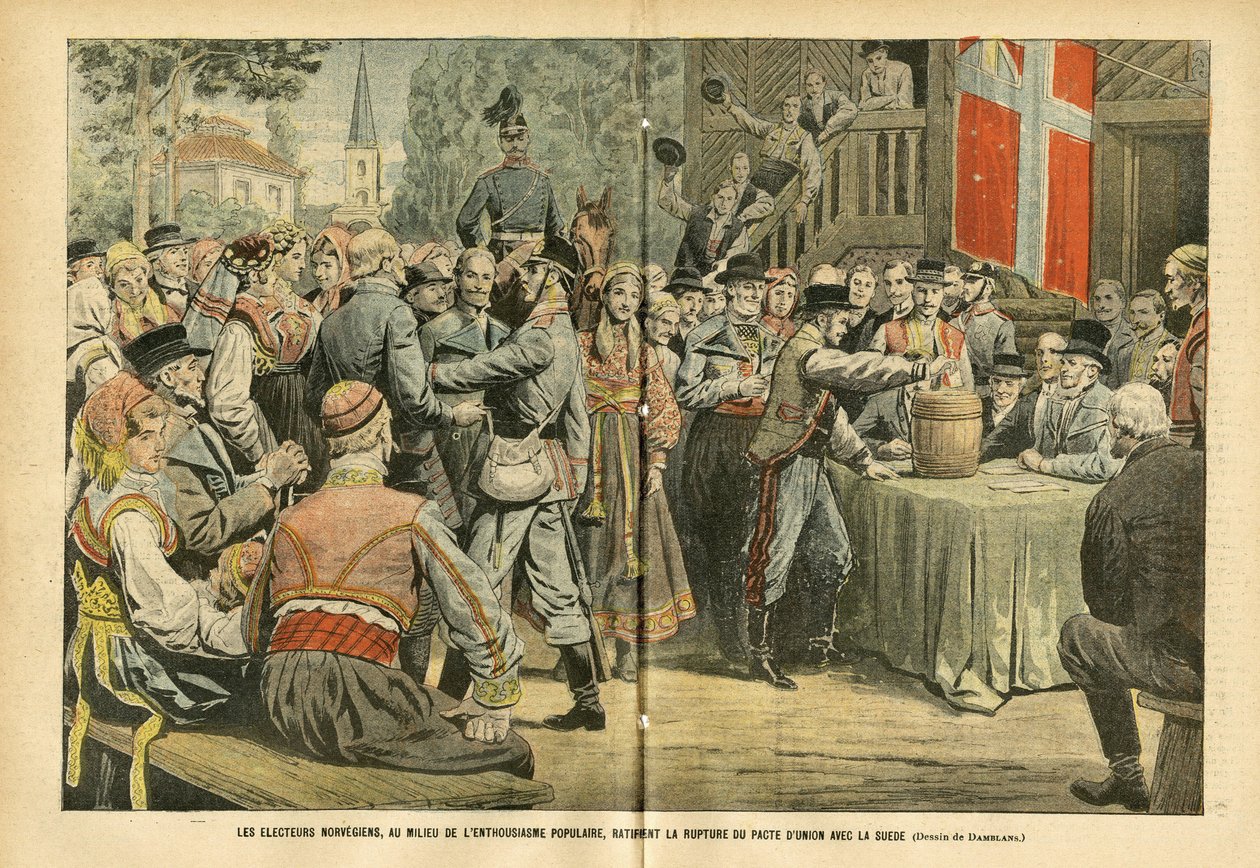 Illustration av Eugene Damblans (1865-1945) i Le Pelerin, 27/08/05 - De norska valen, mitt i folklig entusiasm, ratificerar brottet av unionspakten med Sverige - Val, stadsarkitektur, folksamling, Sverige, Norge - Urna av Eugene Damblans