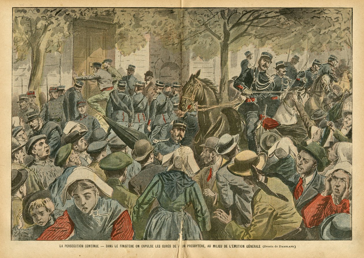 Illustration av Eugene Damblans (1865-1945) i Le Pelerin, 27/10/07 - Förföljelsen fortsätter I Finistere fördrivs botemedel från deras presbyteri mitt i den allmänna känslan - Religion Tro, Bretagne, Folkmassa, Katolsk Katolicism, Finistere -S av Eugene Damblans