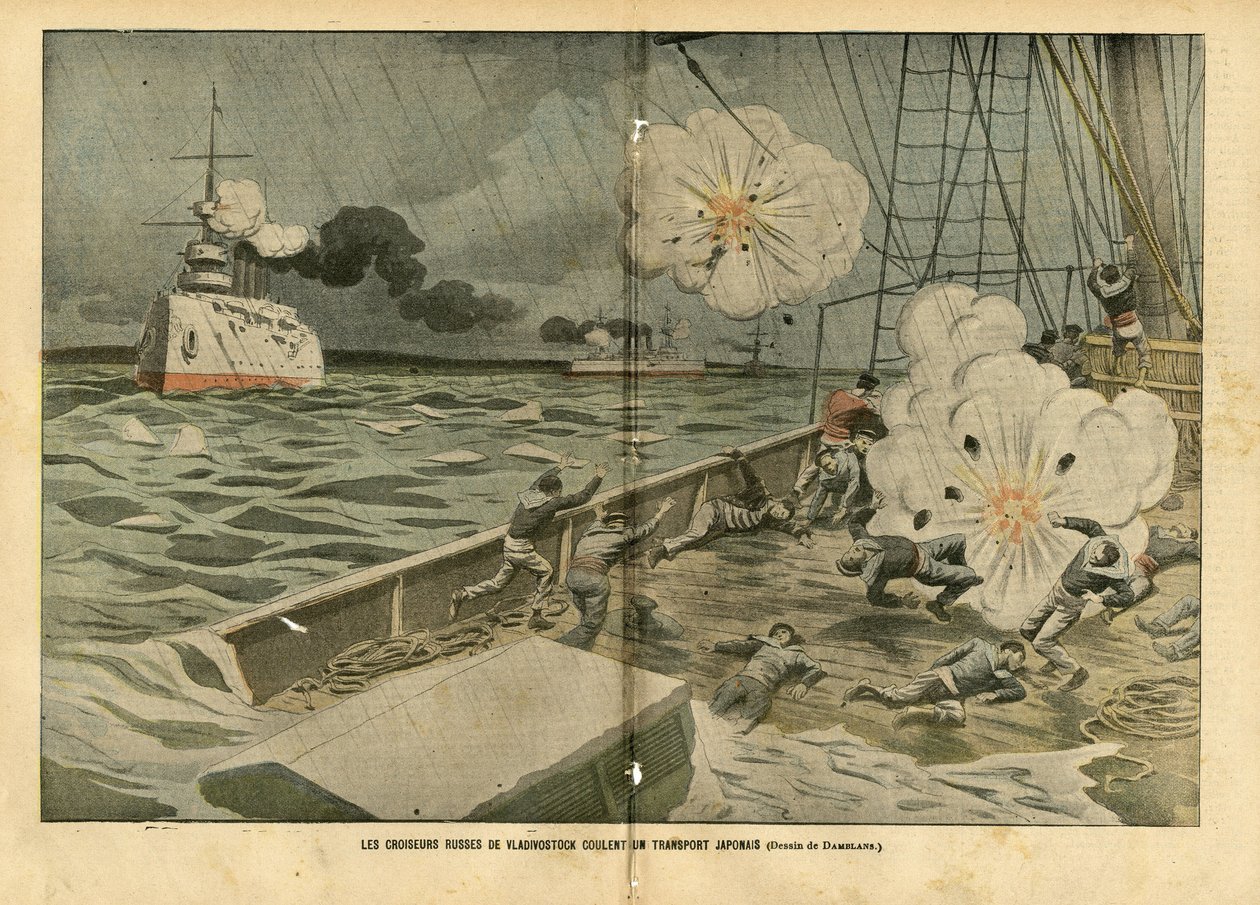 Illustration av Eugene Damblans (1865-1945) i Le Pelerin, 28/02/04 - De ryska kryssarna i Vladivostok sänker en japansk transport - Armee, Maritime Marine Seaside, rysk-japanska kriget, krigsfartyg, Vladivostok - Sjömän, sjömän av Eugene Damblans
