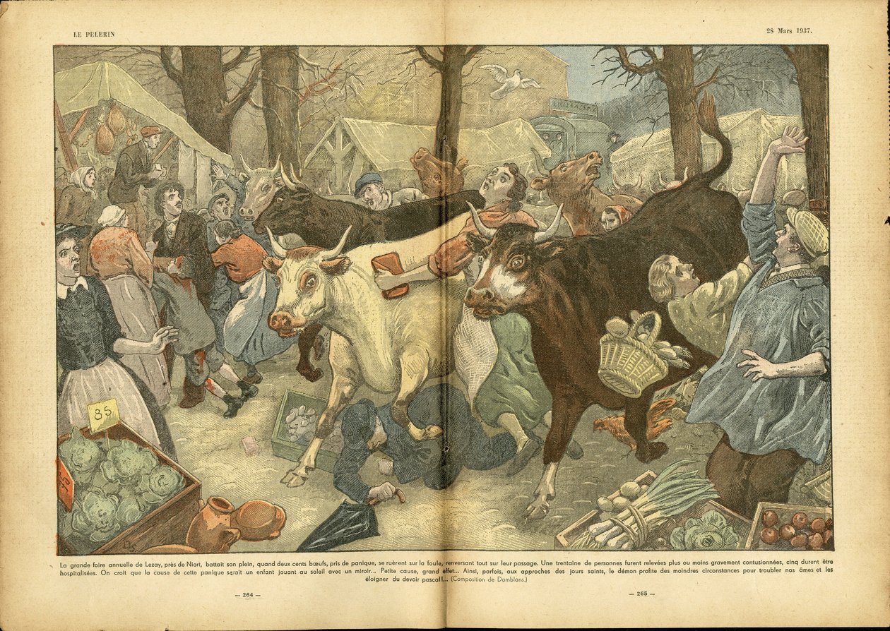Illustration av Eugene Damblans (1865-1945) i Le Pelerin, 28/03/37 - Den stora årliga mässan i Lezay nära Niort - Diverse fakta, Ekonomi, Folkmassa, Butiker, Jordbruk, Baljväxter - Ko, nötkött, Camelot resesäljare av Eugene Damblans