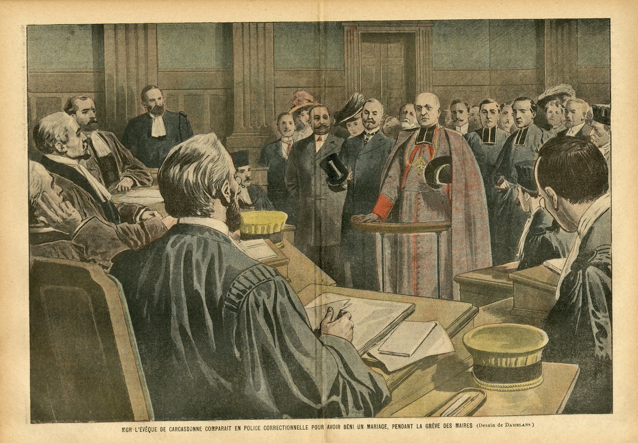 Illustration av Eugene Damblans (1865-1945) i Le Pelerin, 28/07/07 - MGR Carcassonnes eveque jämfört med en kriminalpolis för att ha välsignat ett äktenskap, under borgmästarstrejken - Rättsliga processer, religion, tro, äktenskap, Carcassonne, katolsk Cat av Eugene Damblans