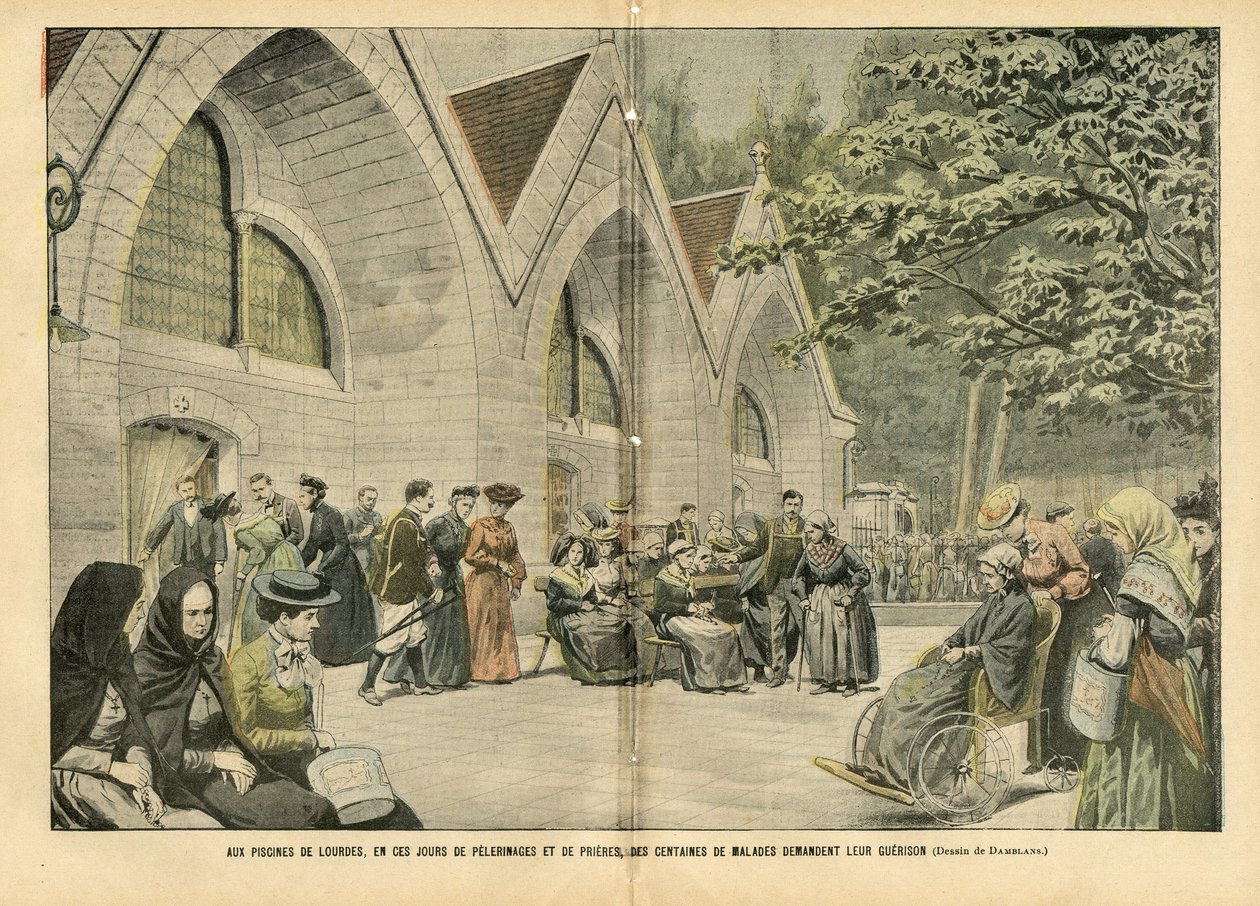 Illustration av Eugene Damblans (1865-1945) i Le Pelerin, 28/08/04 - Vid poolerna i Lourdes, i dessa dagar av pelerinager och böner, ber hundratals patienter om deras krig - Medicin, Religion Tro, Arkitektur Stadsplanering , katolsk katolik av Eugene Damblans
