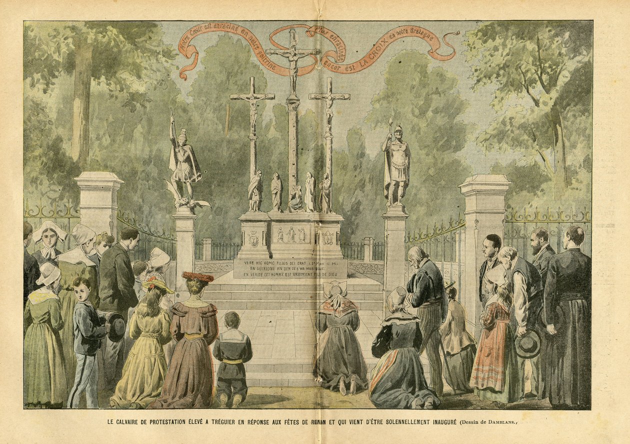 Illustration av Eugene Damblans (1865-1945) i Le Pelerin, 29/05/04 - Golgata för protester som togs upp i Treguier som svar på Renans högtider och som just högtidligt har invigts - Religion Tro, Bretagne, Treguier, katolsk katolicism - Proffs av Eugene Damblans