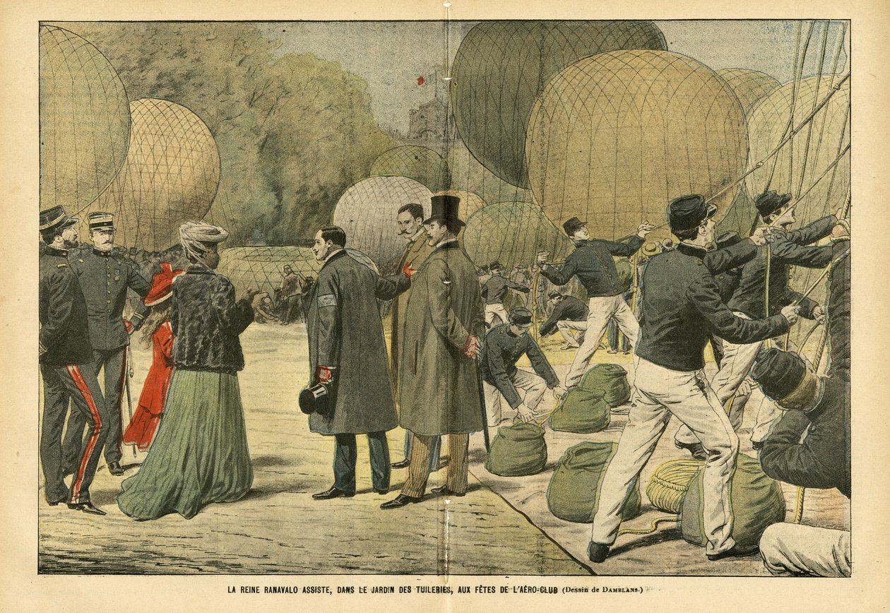 Illustration av Eugene Damblans (1865-1945) i Le Pelerin, 29/10/05 - Drottning Ranavalo deltar i, i Tuileries Garden, Aero-Club-festen - Ballonger luftskepp zeppelinare aerostation, Paris, Madagaskar, Public Garden, Foreign Sovereigners, Tuileries - Ranava av Eugene Damblans