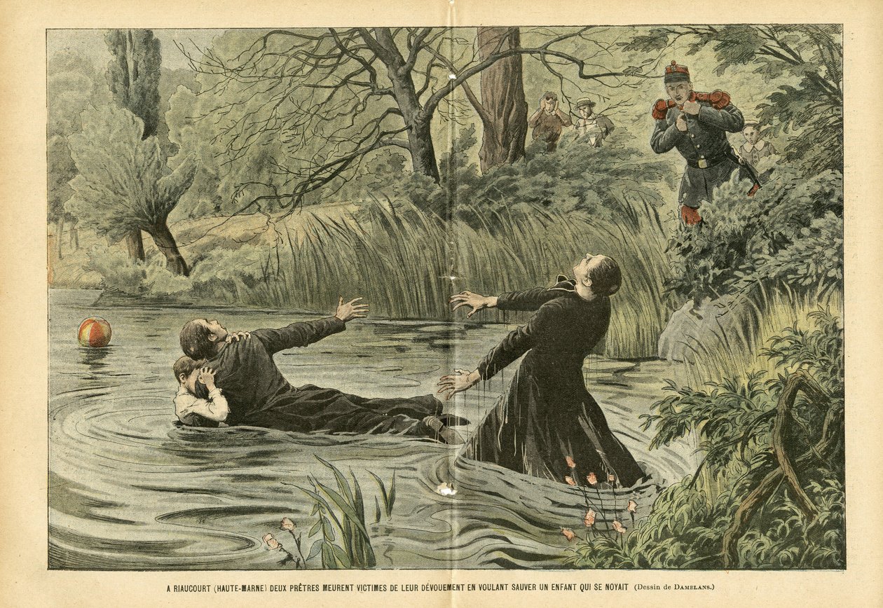 Illustration av Eugene Damblans (1865-1945) i Le Pelerin, 30/07/05 - I Riaucourt (Haute-Marne) dör två präster offer för deras andakt när de försöker rädda ett barn som drunknat - Diverse fakta, Barndom, Maritim Maritim Nautisk Balneaire, Riviere av Eugene Damblans