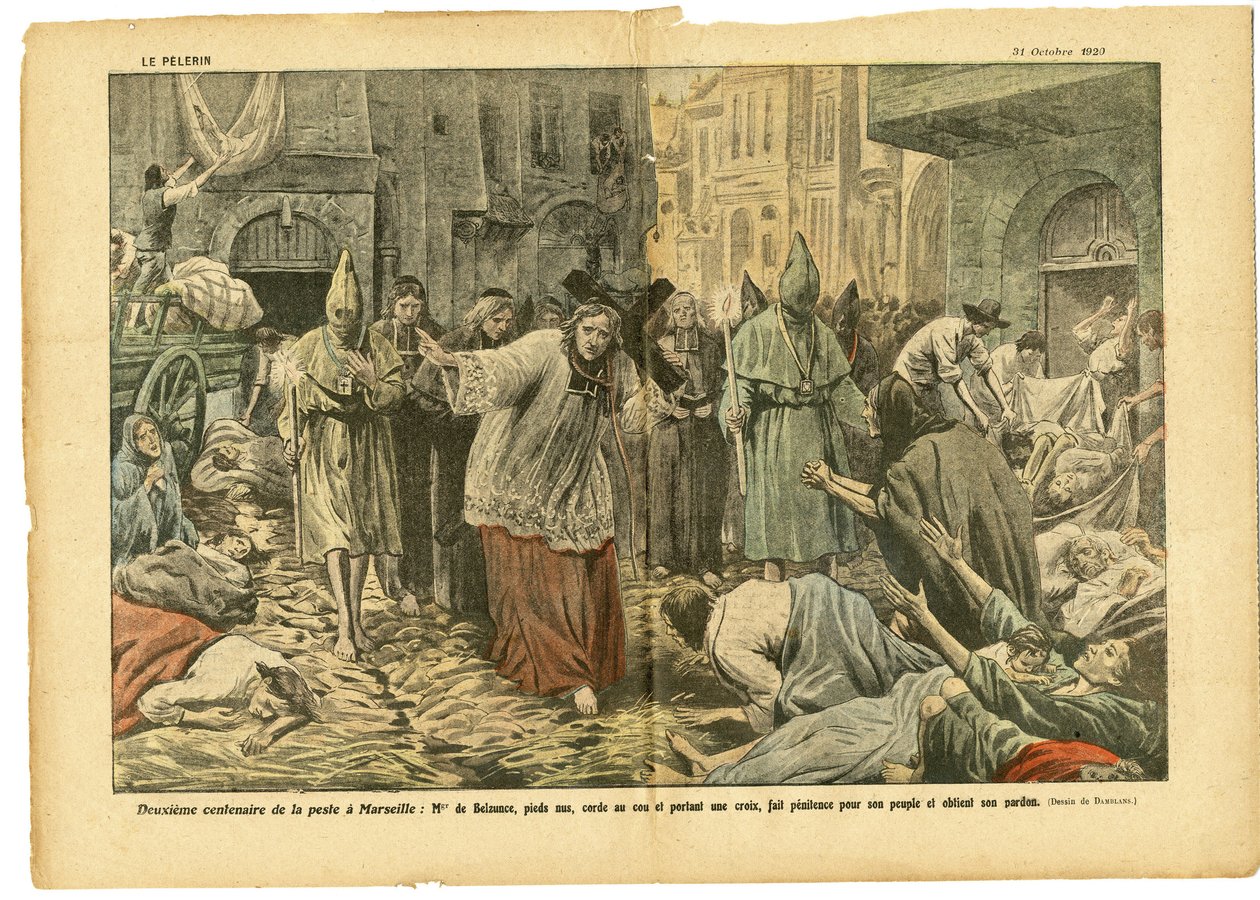 Illustration av Eugene Damblans (1865-1945) i Le Pelerin, 31/10/20 - Andra hundraårsminnet av pesten i Marseille - Medicin, Religion Tro, Marseille, pest, katolsk katolicism - procession av Eugene Damblans