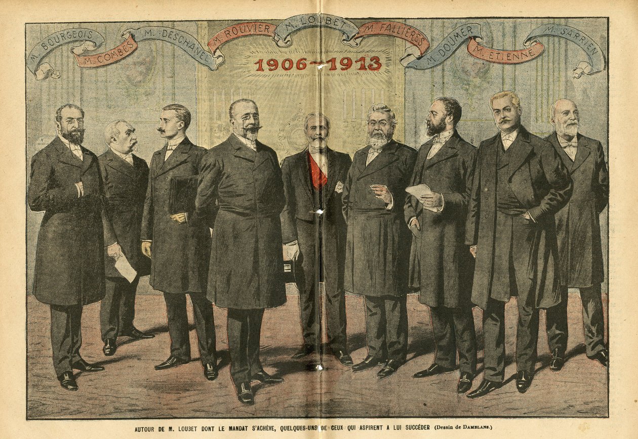 Illustration av Eugene Damblans (1865-1945) i Le Pelerin, 31/12/05 - Runt M. Loubet donerar mandatperioden slutar, några av dem som strävar efter att efterträda honom - Val, republikens president - Combes Emile (1835-1921) ), Doumer Paul (1857-1932), Rouvi av Eugene Damblans