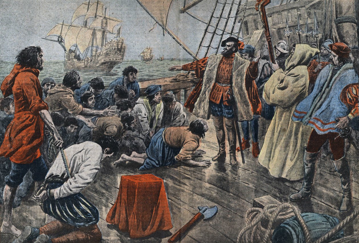 Illustration av Ferdinand de Magellans besättning som svär sin trohet till honom på ett kors efter ett misslyckat myteri - Fernand de Magellan (1480-1521), portugisisk navigatör lugnar en uppvigling av sin besättning och efter att ha förlåtit honom får han av Eugene Damblans